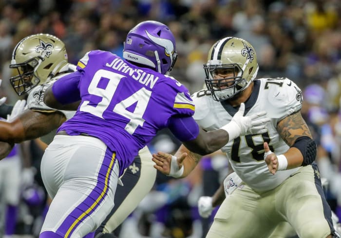 Aug 9, 2019; New Orleans, LA, USA; New Orleans Saints center Erik McCoy (78) blocks against Minnesota Vikings defensive tackle Jaleel Johnson (94) during the first quarter at the Mercedes-Benz Superdome. Mandatory Credit: Derick E. Hingle-USA TODAY Sports
